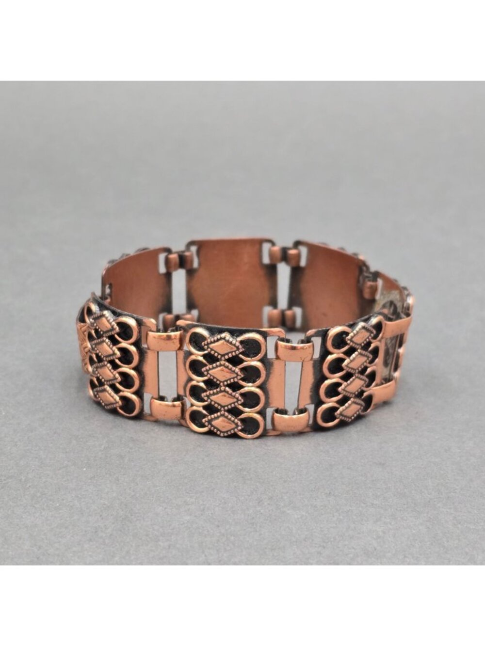 Vintage Copper Filigree Panel Bracelet 7" Wide Boho Geometric Link Statement - Picture 5 of 12